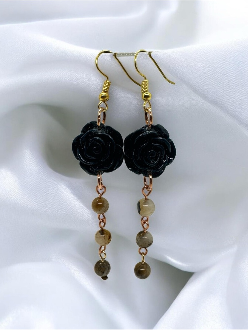 Dark Blue Rose Flower Dangle Earrings Agate Bead Gold Tone Handmade Jewelry